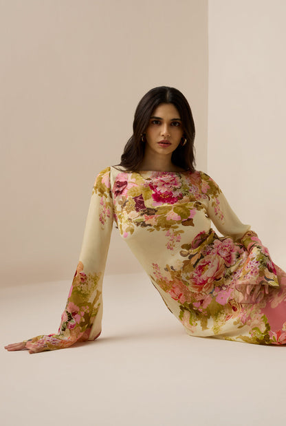 Alina | Mujer Vestido Maxi Floral con Cuello Alto y Manga Larga