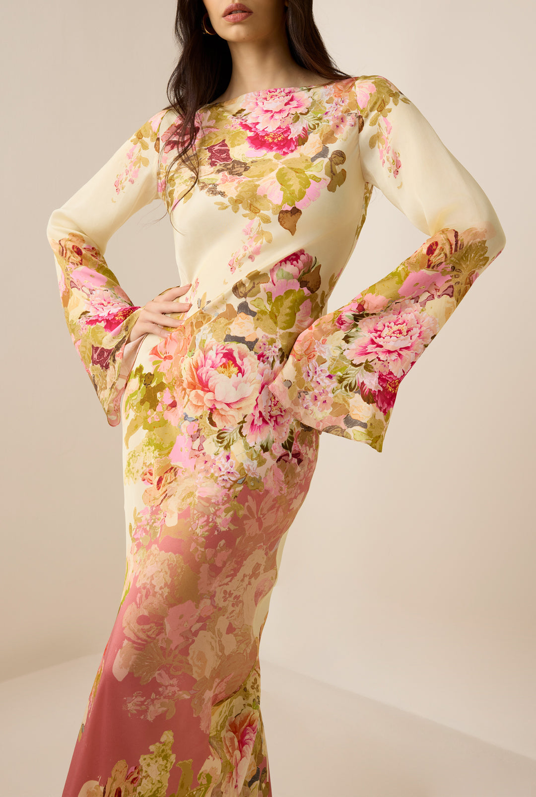 Alina | Mujer Vestido Maxi Floral con Cuello Alto y Manga Larga