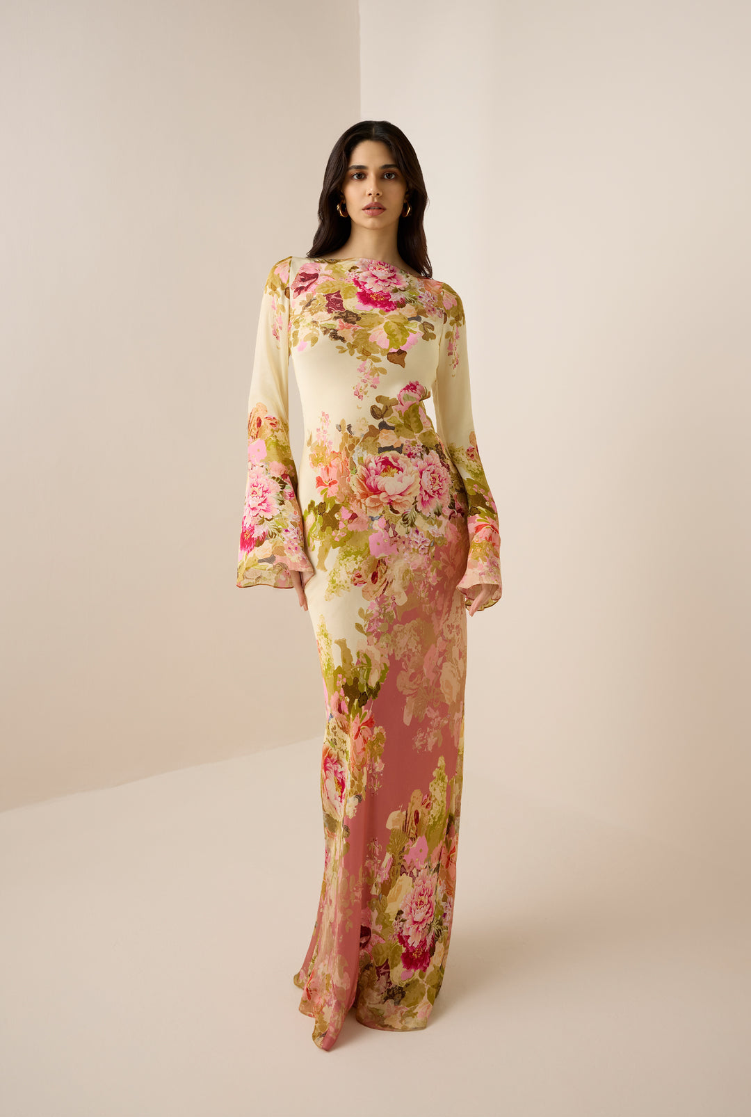 Alina | Mujer Vestido Maxi Floral con Cuello Alto y Manga Larga