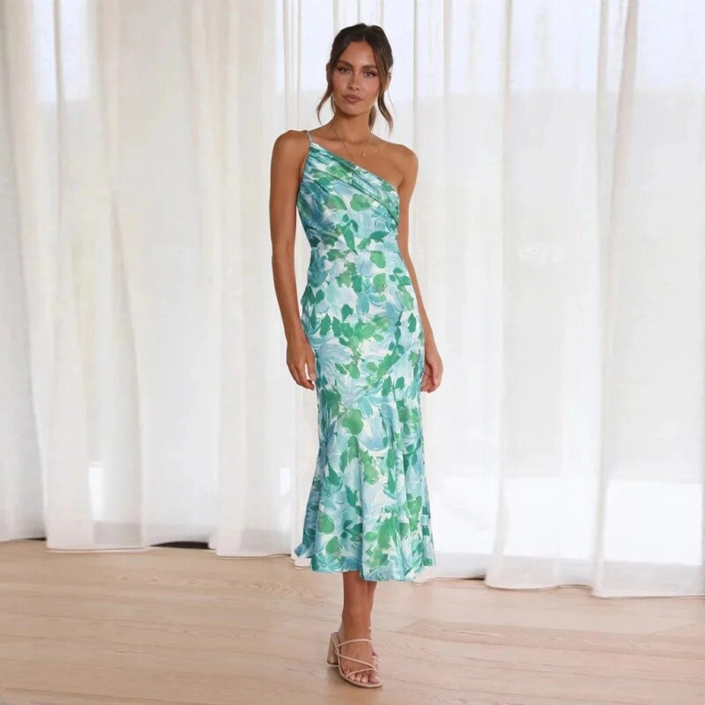 Rebekka | Mujer Maxi Vestido de Un Hombro con Estampado Floral