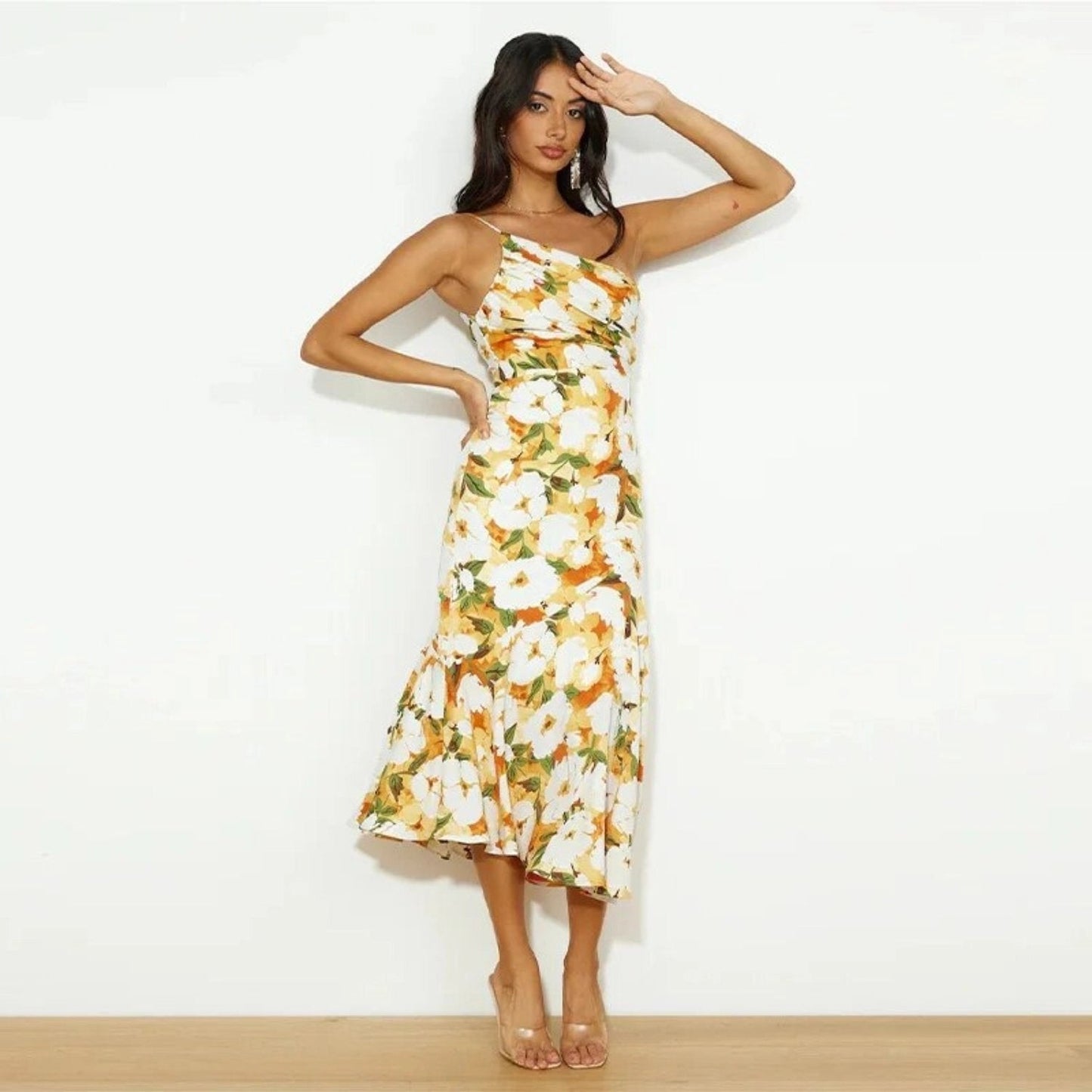 Rebekka | Mujer Maxi Vestido de Un Hombro con Estampado Floral