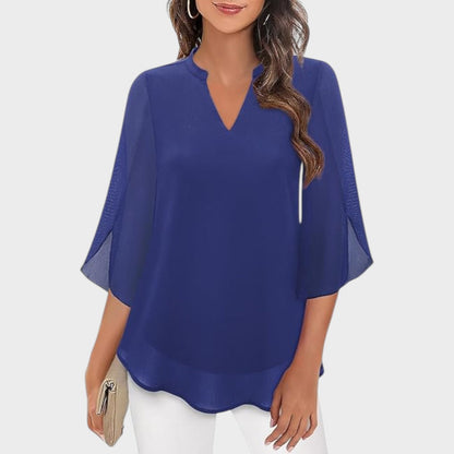 Elena | Mujer Blusa Fluida con Escote en V y Mangas Transparentes