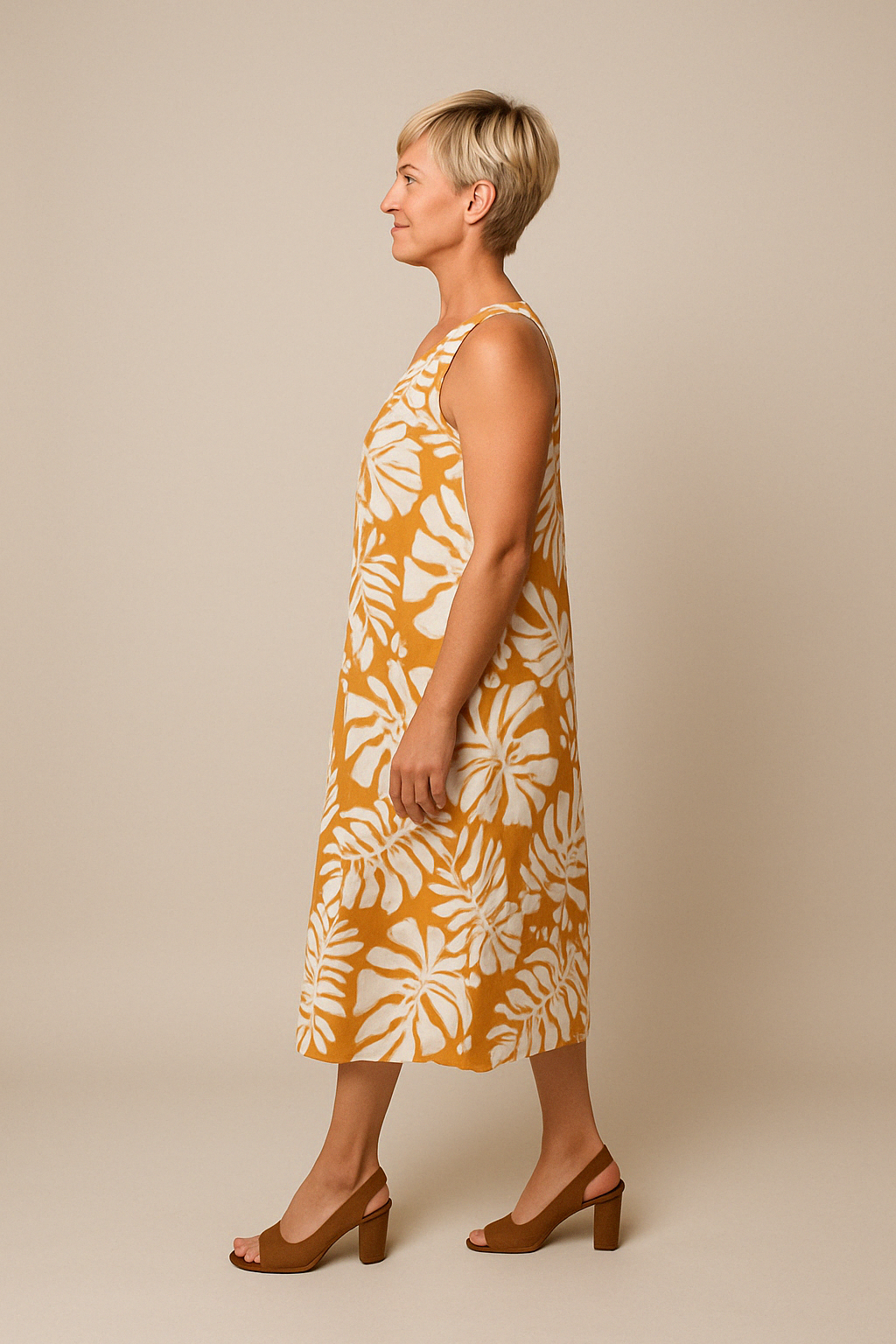 Hadewych | Mujer Vestido Midi Sin Mangas con Estampado de Hojas