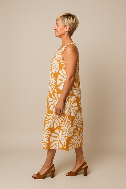 Hadewych | Mujer Vestido Midi Sin Mangas con Estampado de Hojas