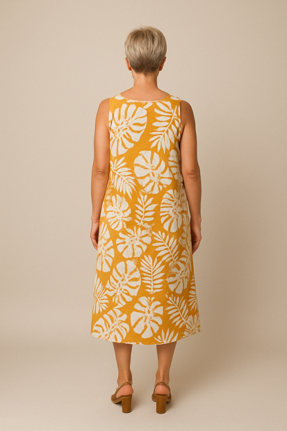 Hadewych | Mujer Vestido Midi Sin Mangas con Estampado de Hojas