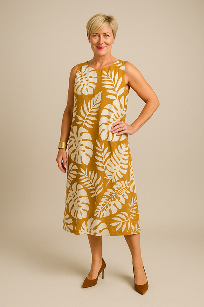 Hadewych | Mujer Vestido Midi Sin Mangas con Estampado de Hojas
