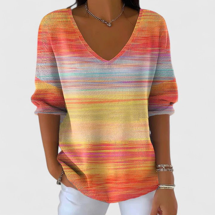 Fier | Mujer Suéter de Punto a Rayas de Colores con Escote en V