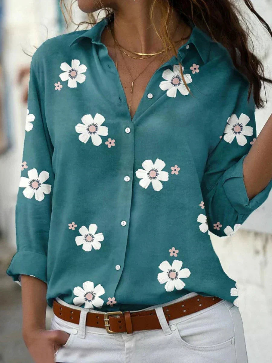 Darya | Mujer Blusa Floral con Cuello Delgado y Botones