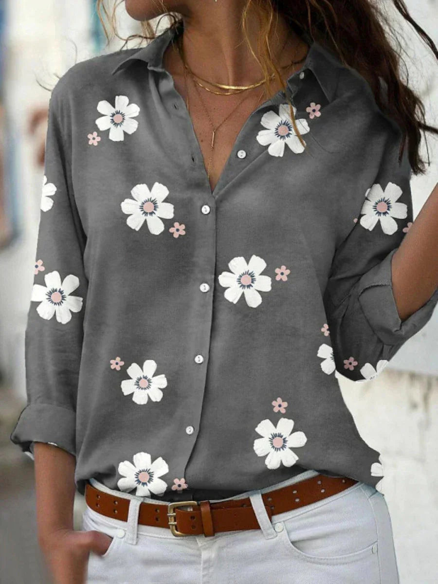 Darya | Mujer Blusa Floral con Cuello Delgado y Botones