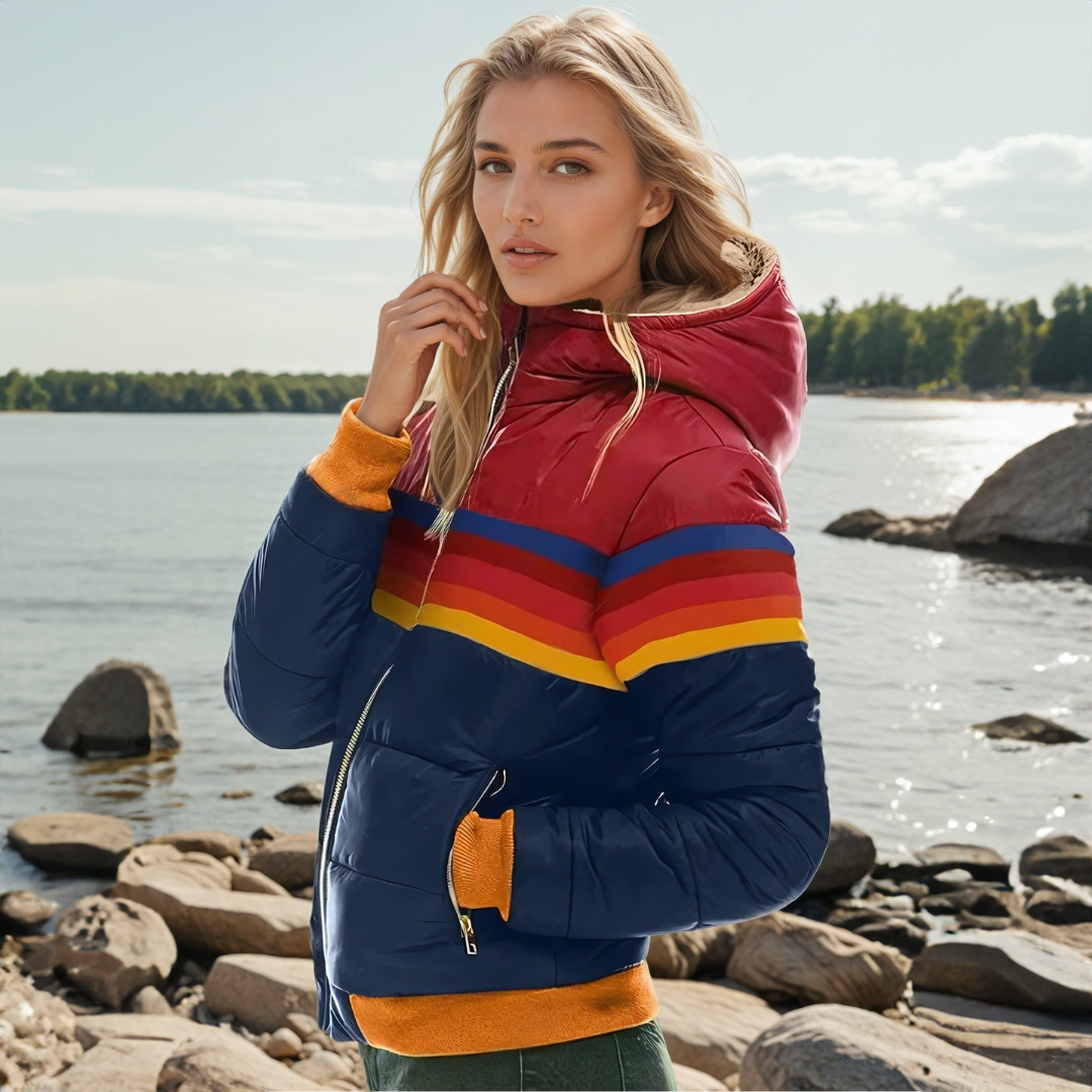 Sídney | Mujer Chaqueta Puffer Retro a Rayas con Capucha