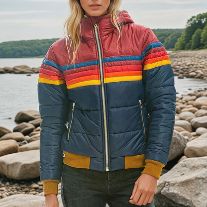 Sídney | Mujer Chaqueta Puffer Retro a Rayas con Capucha
