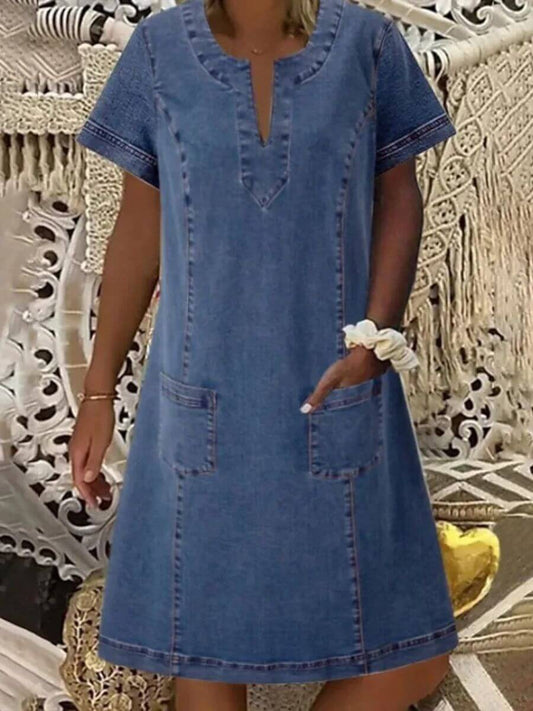 Barbara | Mujer Vestido Vaquero de Verano con Escote en V y Bolsillos