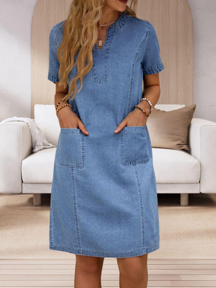 Barbara | Mujer Vestido Vaquero de Verano con Escote en V y Bolsillos