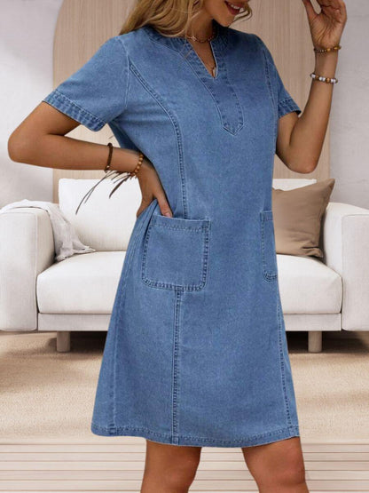 Barbara | Mujer Vestido Vaquero de Verano con Escote en V y Bolsillos