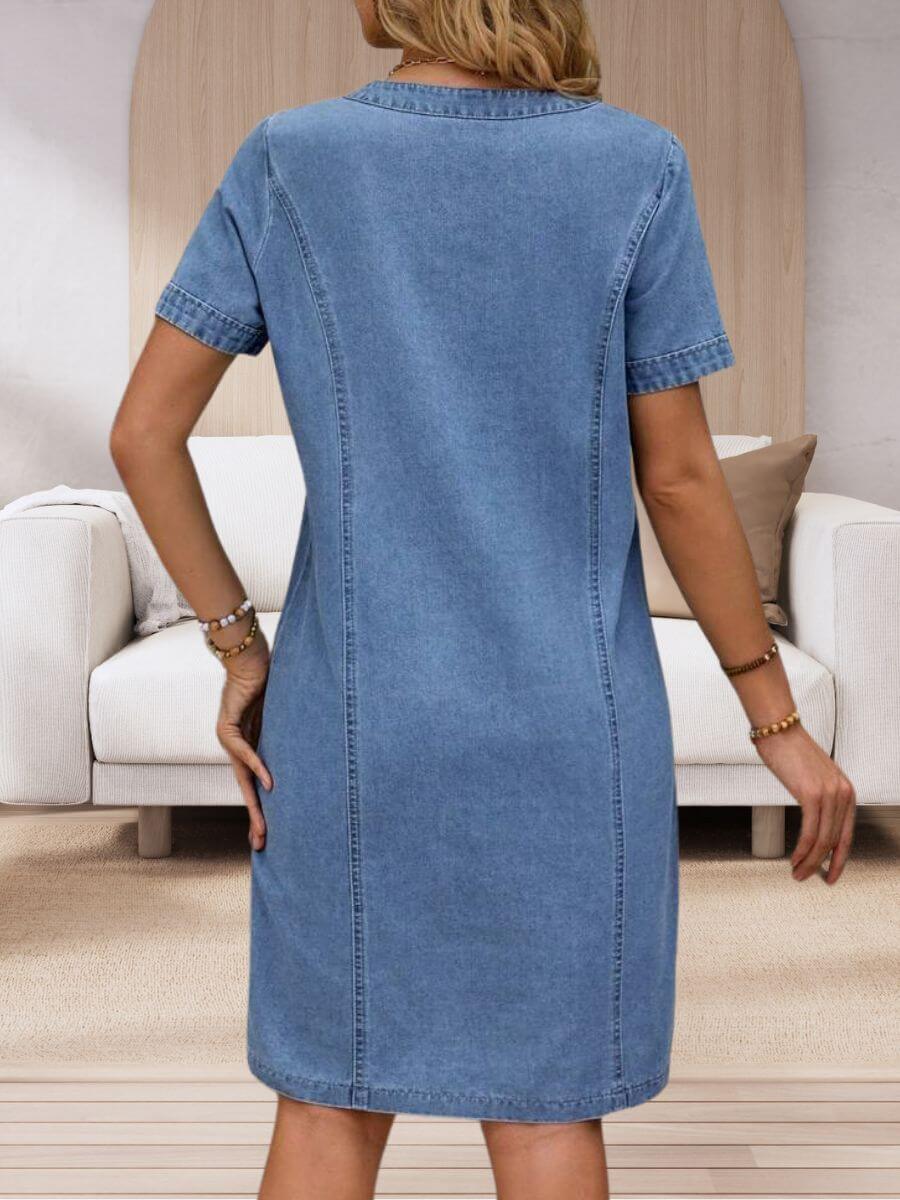 Barbara | Mujer Vestido Vaquero de Verano con Escote en V y Bolsillos