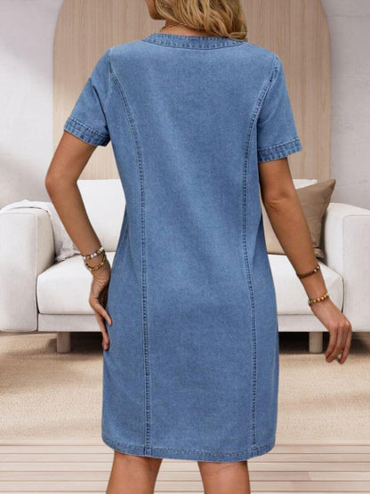 Barbara | Mujer Vestido Vaquero de Verano con Escote en V y Bolsillos