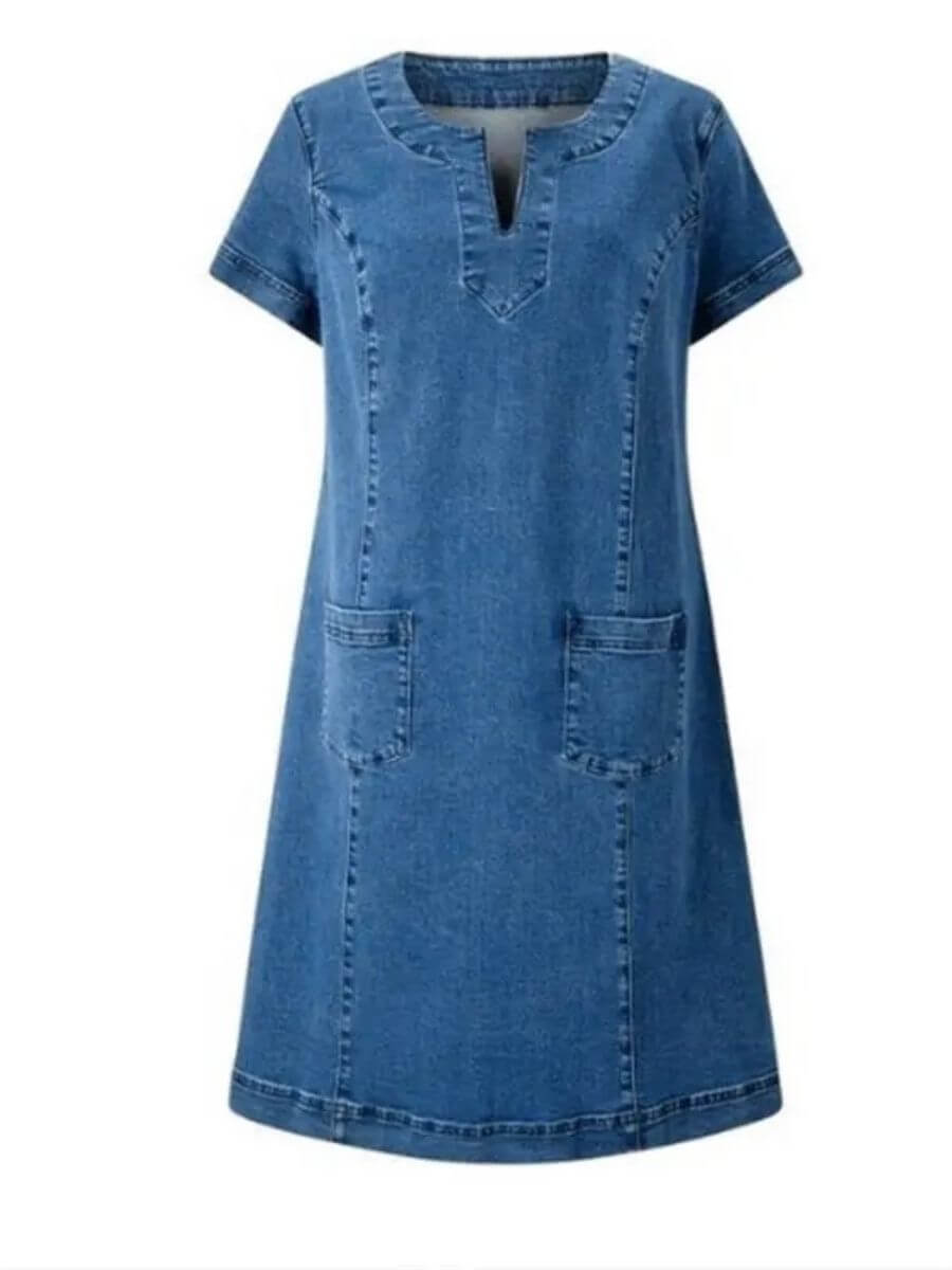 Barbara | Mujer Vestido Vaquero de Verano con Escote en V y Bolsillos