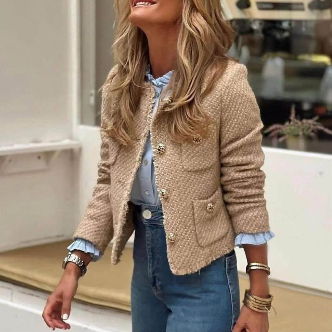 Ciska | Mujer Chaqueta de Tweed con Botones Dorados