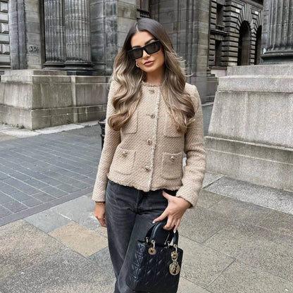 Ciska | Mujer Chaqueta de Tweed con Botones Dorados