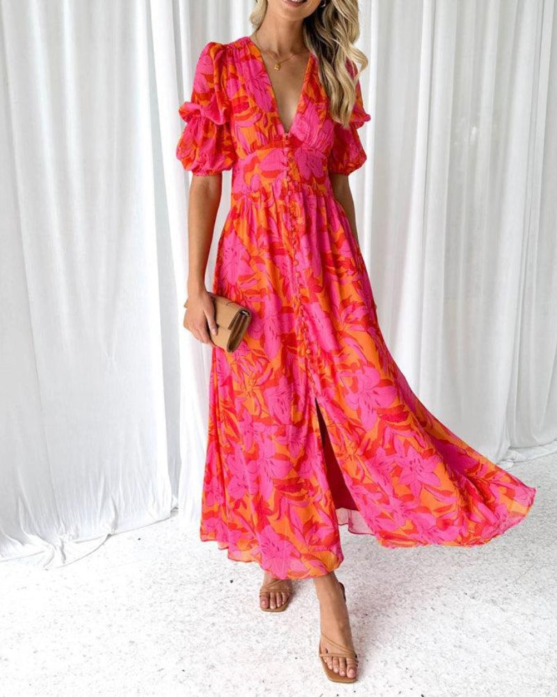 Rixt | Mujer Maxi Vestido con Escote en V y Mangas Abullonadas