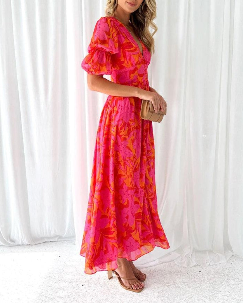 Rixt | Mujer Maxi Vestido con Escote en V y Mangas Abullonadas
