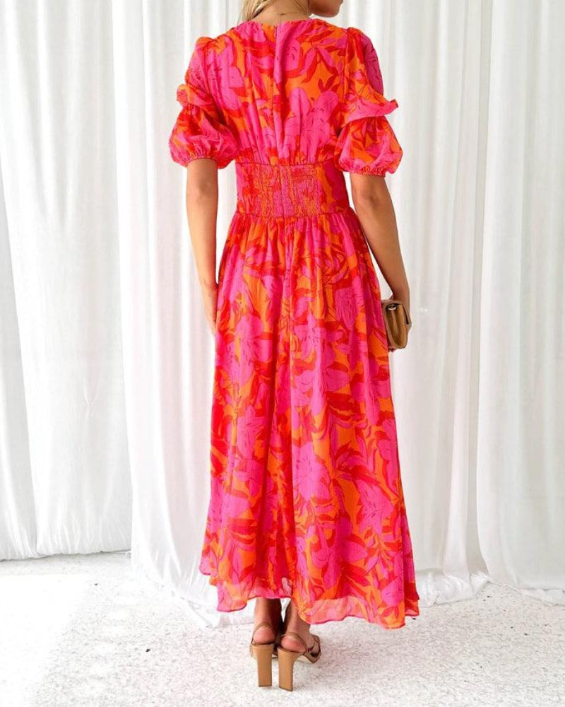 Rixt | Mujer Maxi Vestido con Escote en V y Mangas Abullonadas
