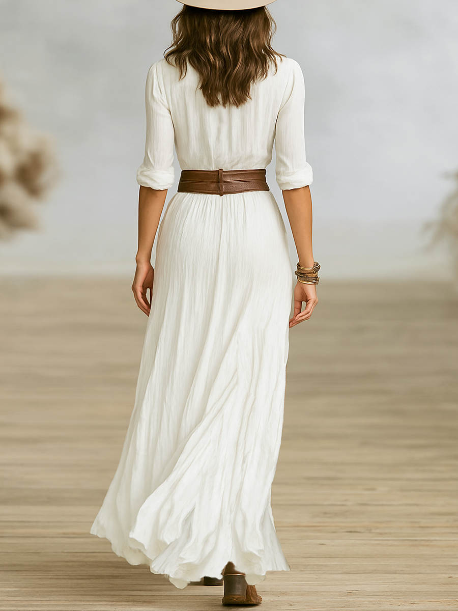 Valeria | Mujer Vestido Largo Camisero con Cinturilla y Abertura