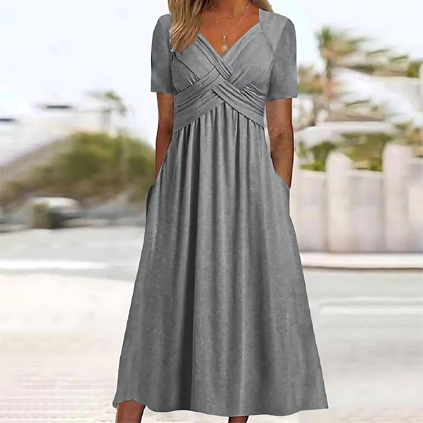 Marlinde | Mujer Vestido Midi con Escote en V Plisado y Bolsillos