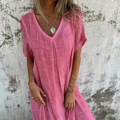 Dymphna | Mujer Vestido Largo de Algodón y Lino con Escote en V
