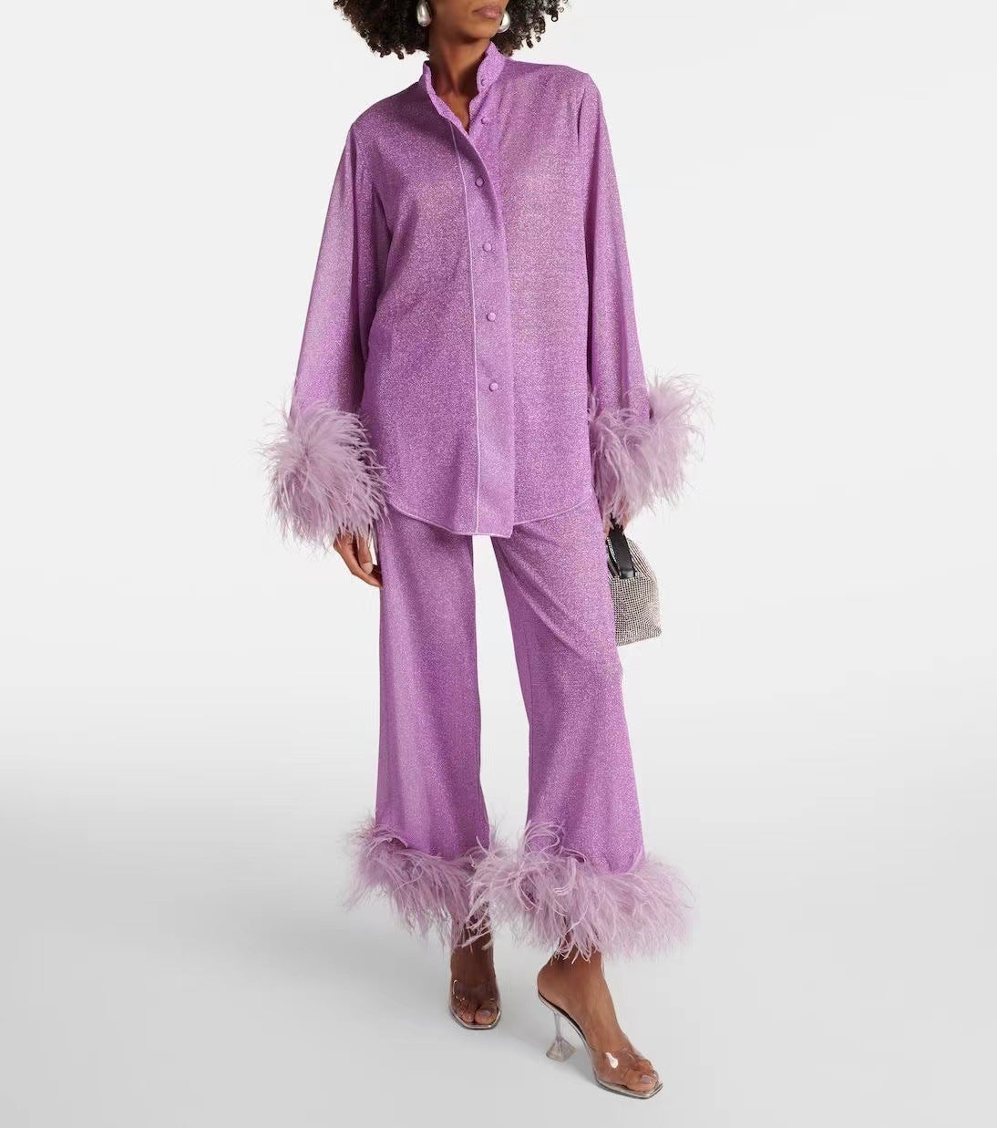 Liya | Mujer Conjunto de Dos Piezas con Cuello de Plumas y Pantalón Ancho