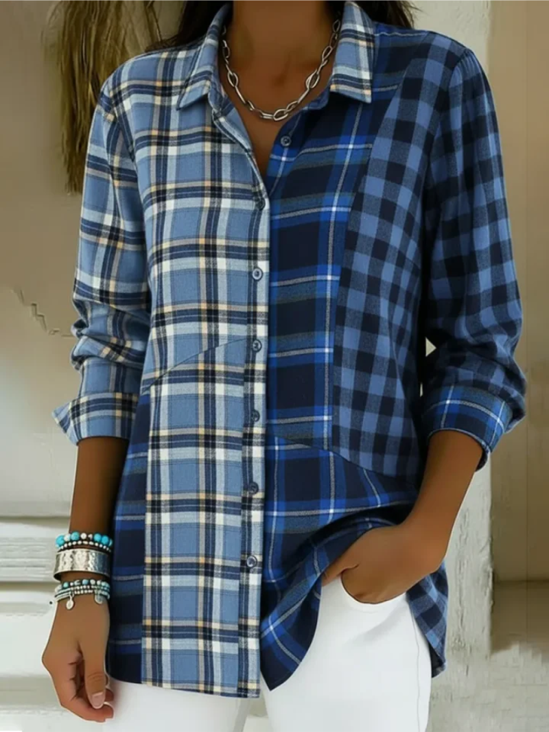 Doralynne | Mujer Blusa a Cuadros Patchwork con Botones