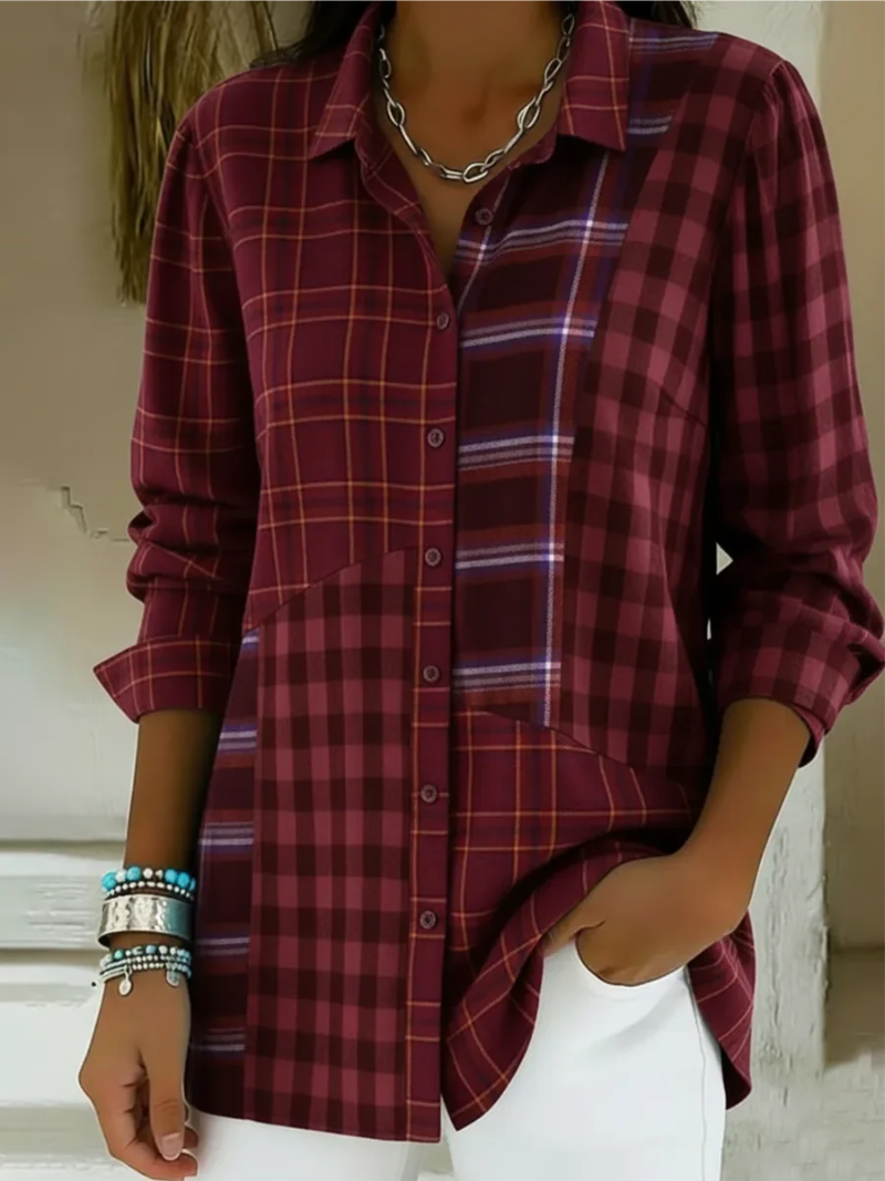 Doralynne | Mujer Blusa a Cuadros Patchwork con Botones
