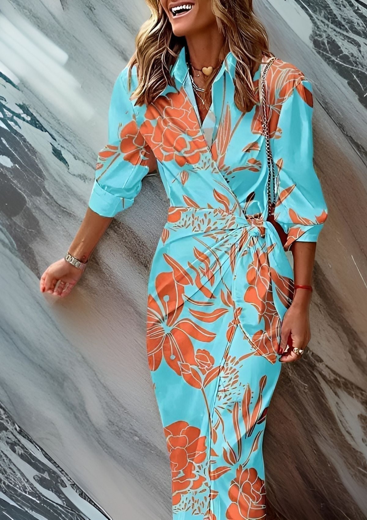 Rosan | Mujer Vestido Cruzado Fluido con Estampado y Cinturón