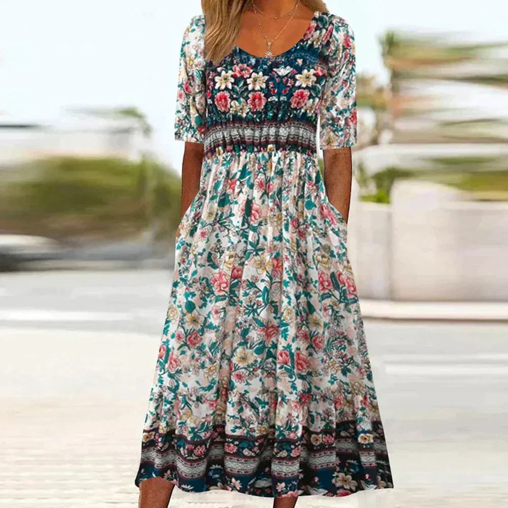 Maartje | Mujer Vestido Midi Boho con Estampado Étnico y Bolsillos