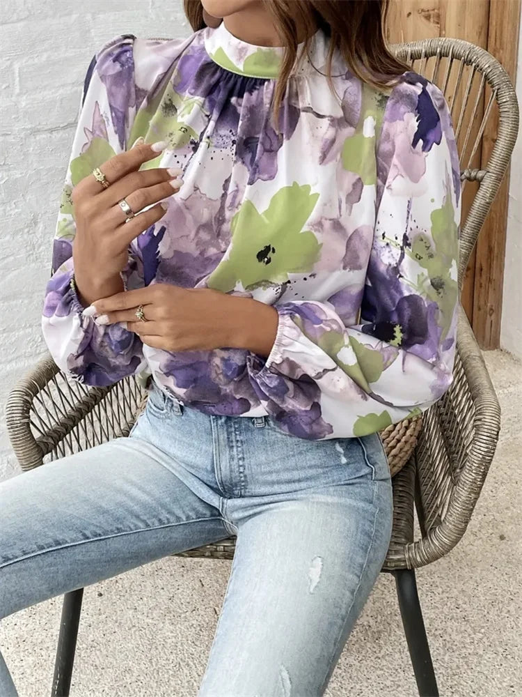 Lani | Mujer Blusa Floral en Acuarela con Cuello Alto y Mangas Abullonadas