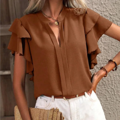 Amira | Mujer Blusa con Escote en V y Mangas de Volantes Dobles