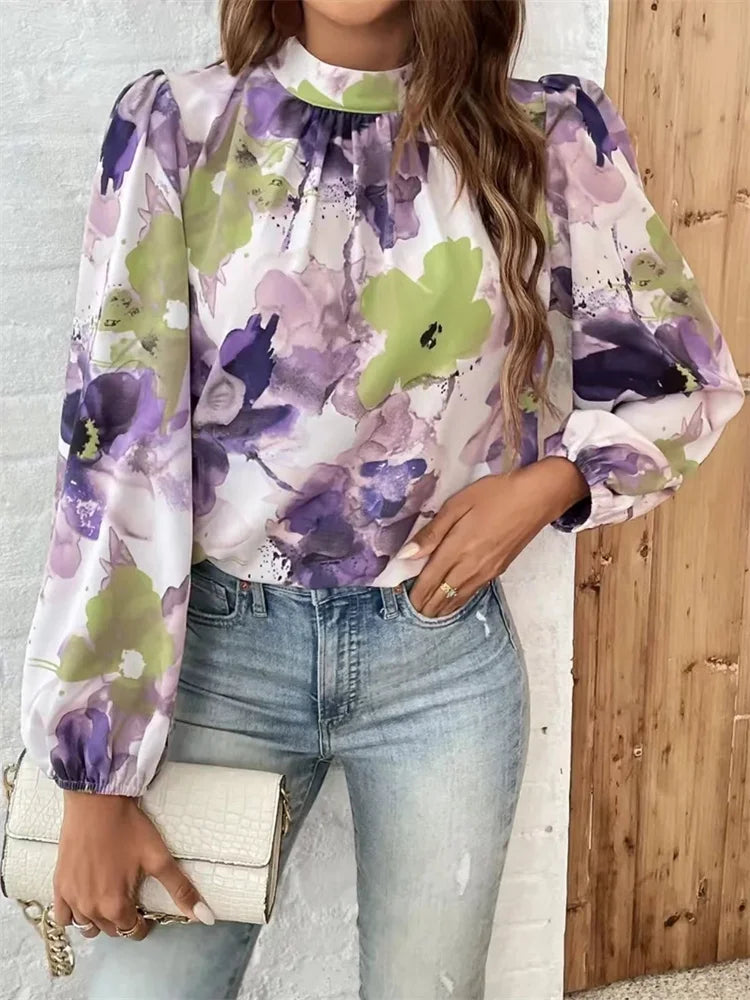 Lani | Mujer Blusa Floral en Acuarela con Cuello Alto y Mangas Abullonadas