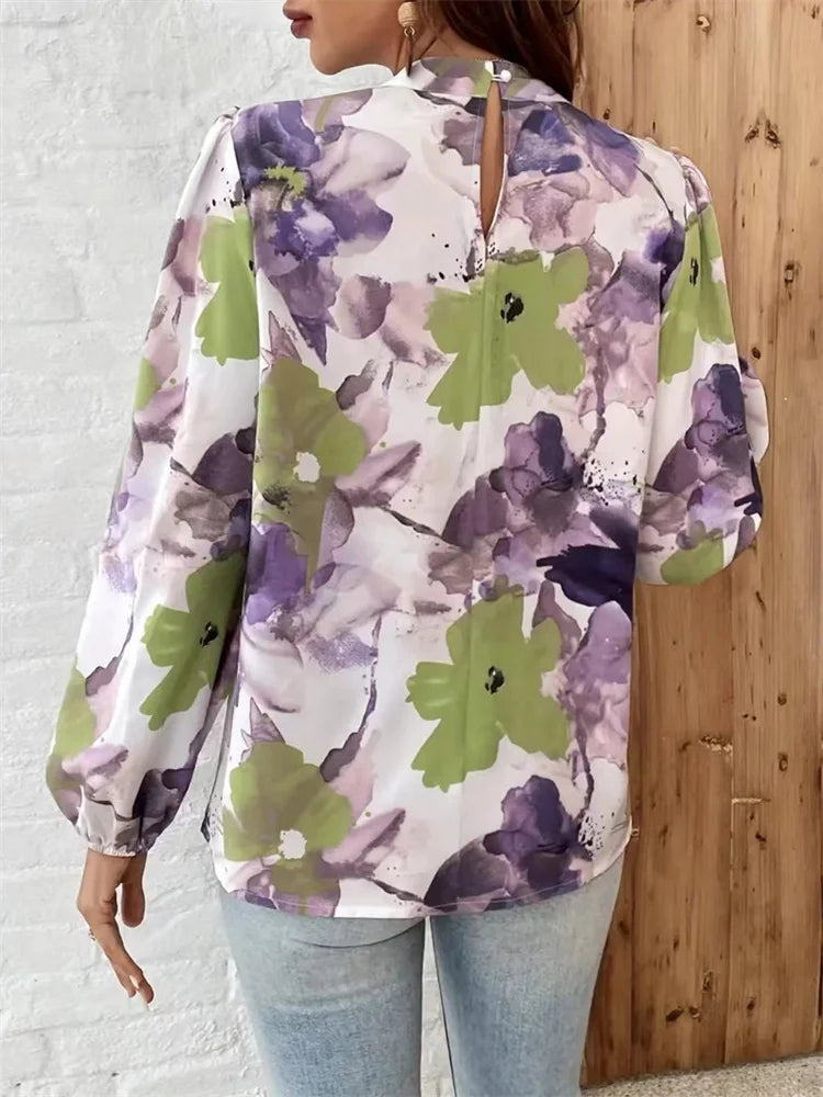Lani | Mujer Blusa Floral en Acuarela con Cuello Alto y Mangas Abullonadas