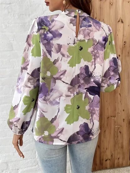 Lani | Mujer Blusa Floral en Acuarela con Cuello Alto y Mangas Abullonadas
