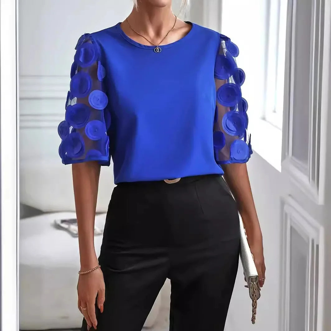 Lina | Mujer Blusa con Escote en V y Mangas Transparentes de Lunares