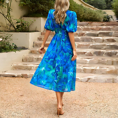Lana | Mujer Vestido Midi con Cintura Fruncida y Mangas Abullonadas