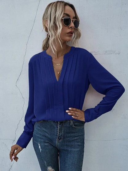 Seona | Mujer Blusa Plisada con Escote en V y Mangas Largas