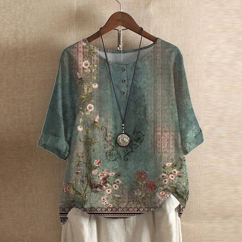 Anya | Mujer Blusa Vintage Floral con Mangas Tres Cuartos