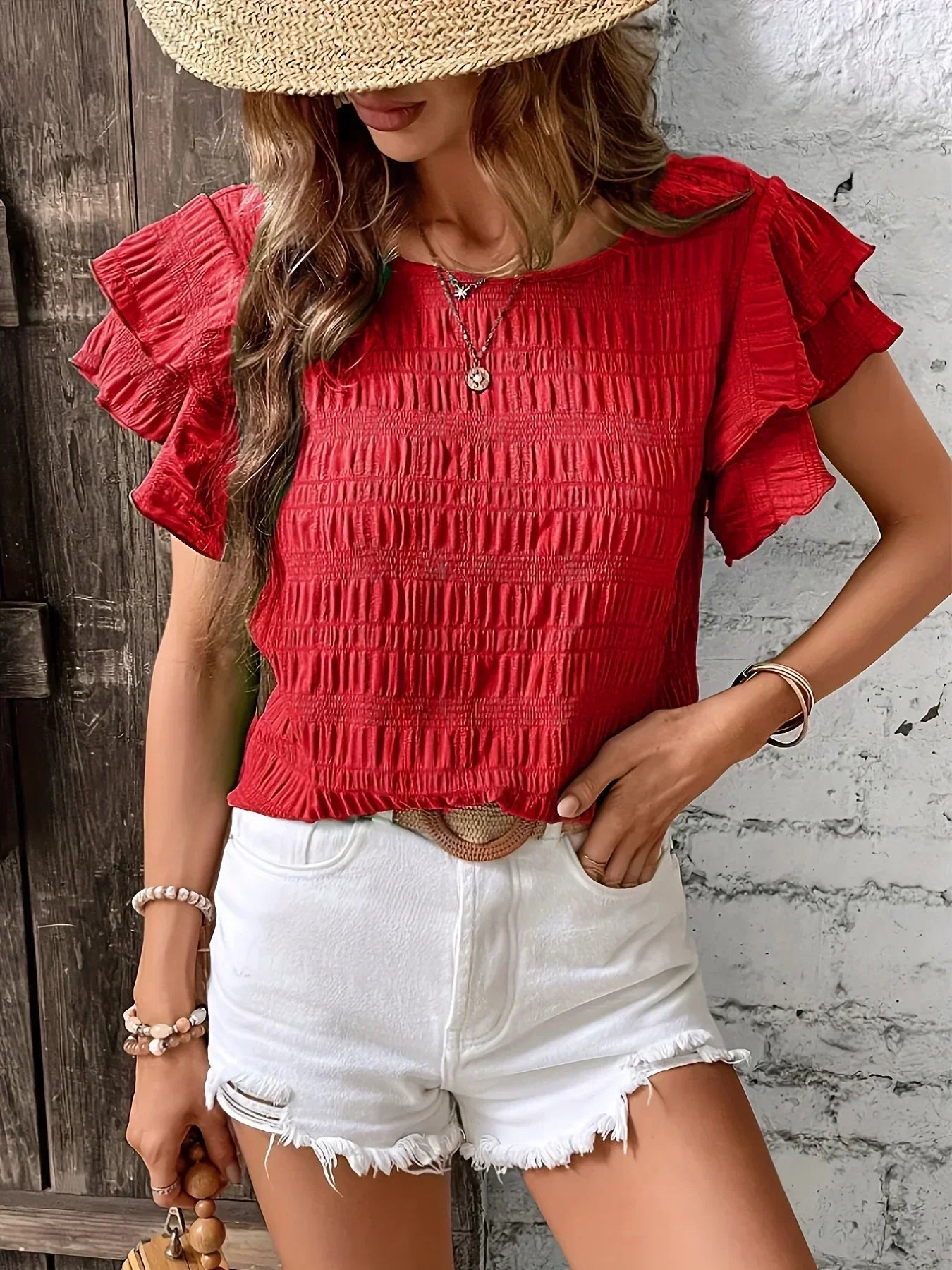 Charmaine | Mujer Blusa Plisada con Mangas de Volantes