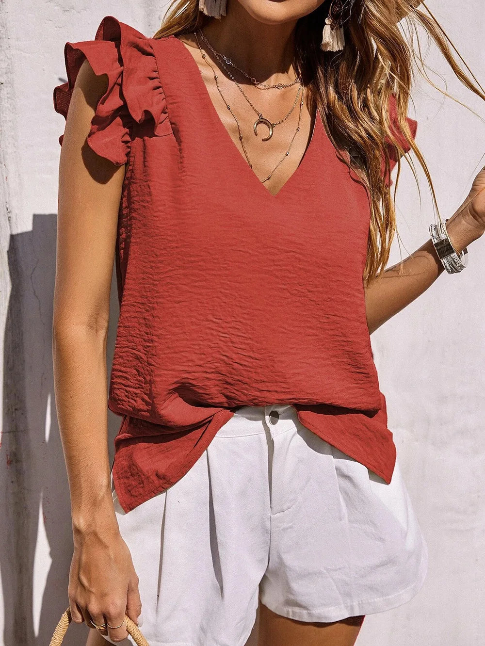 Lynette | Mujer Top de Verano con Escote en V y Mangas de Volantes
