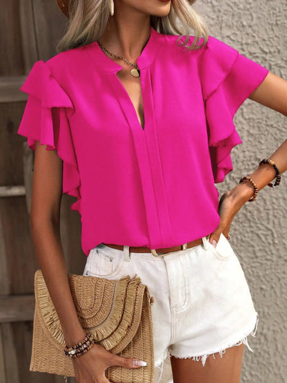 Amira | Mujer Blusa con Escote en V y Mangas de Volantes Dobles