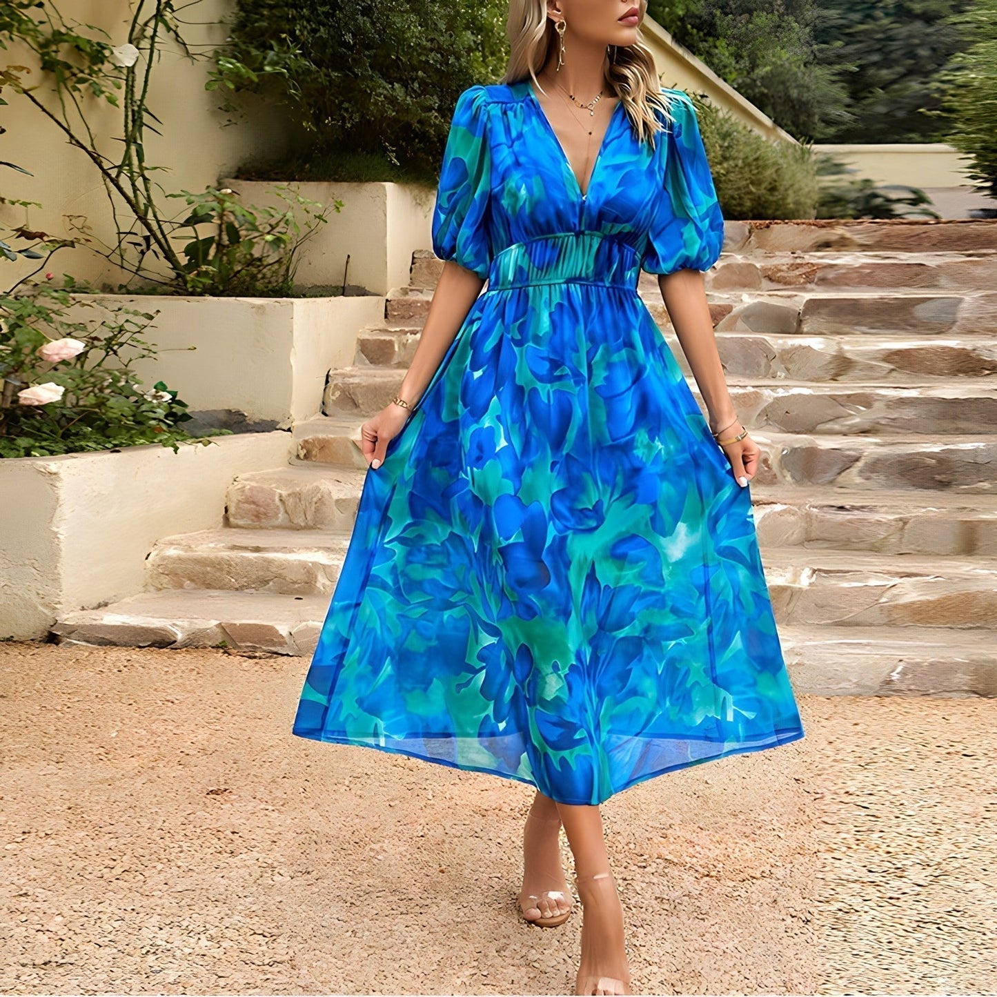 Lana | Mujer Vestido Midi con Cintura Fruncida y Mangas Abullonadas