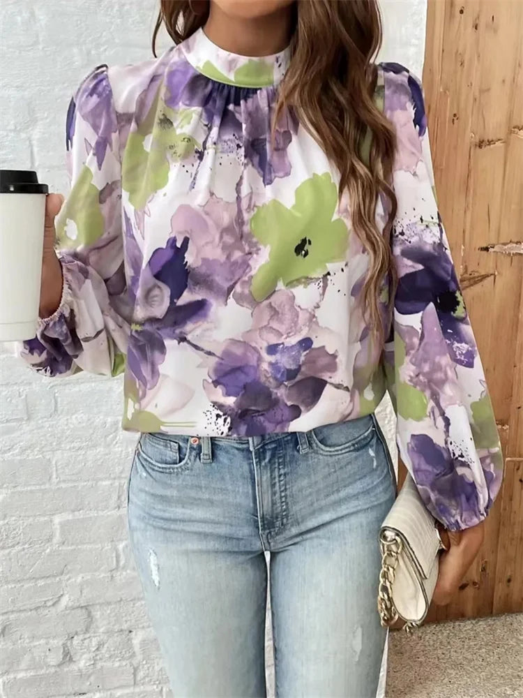 Lani | Mujer Blusa Floral en Acuarela con Cuello Alto y Mangas Abullonadas
