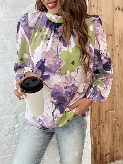 Lani | Mujer Blusa Floral en Acuarela con Cuello Alto y Mangas Abullonadas