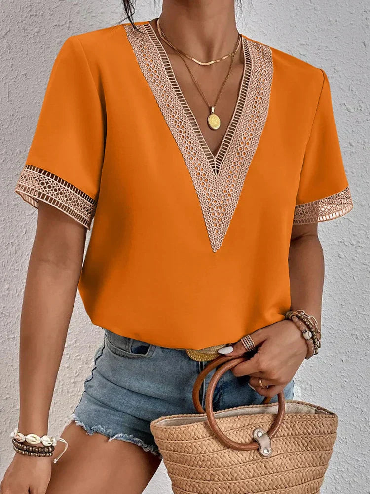 Davina | Mujer Blusa Fluida con Encaje en Cuello y Mangas